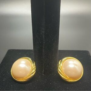Marvella Faux Pearl Cabochon Style Clip On Earrings Gold Tone Chunky Vintage